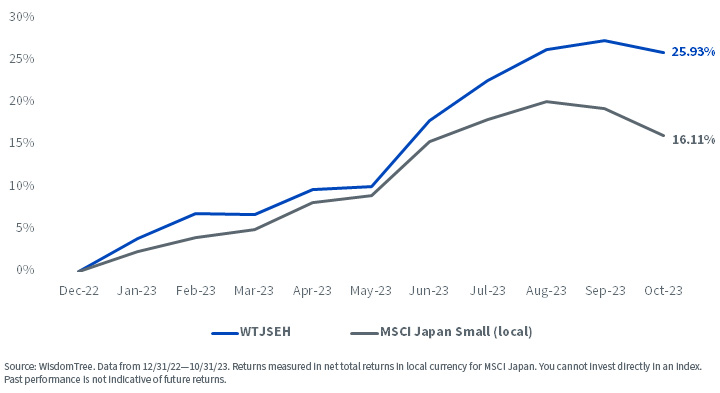 WisdomTree Japan Hedged SmallCap Equity Index (WTJSEH) vs. MSCI Japan Small Cap YTD Returns chart as of 10/31/23